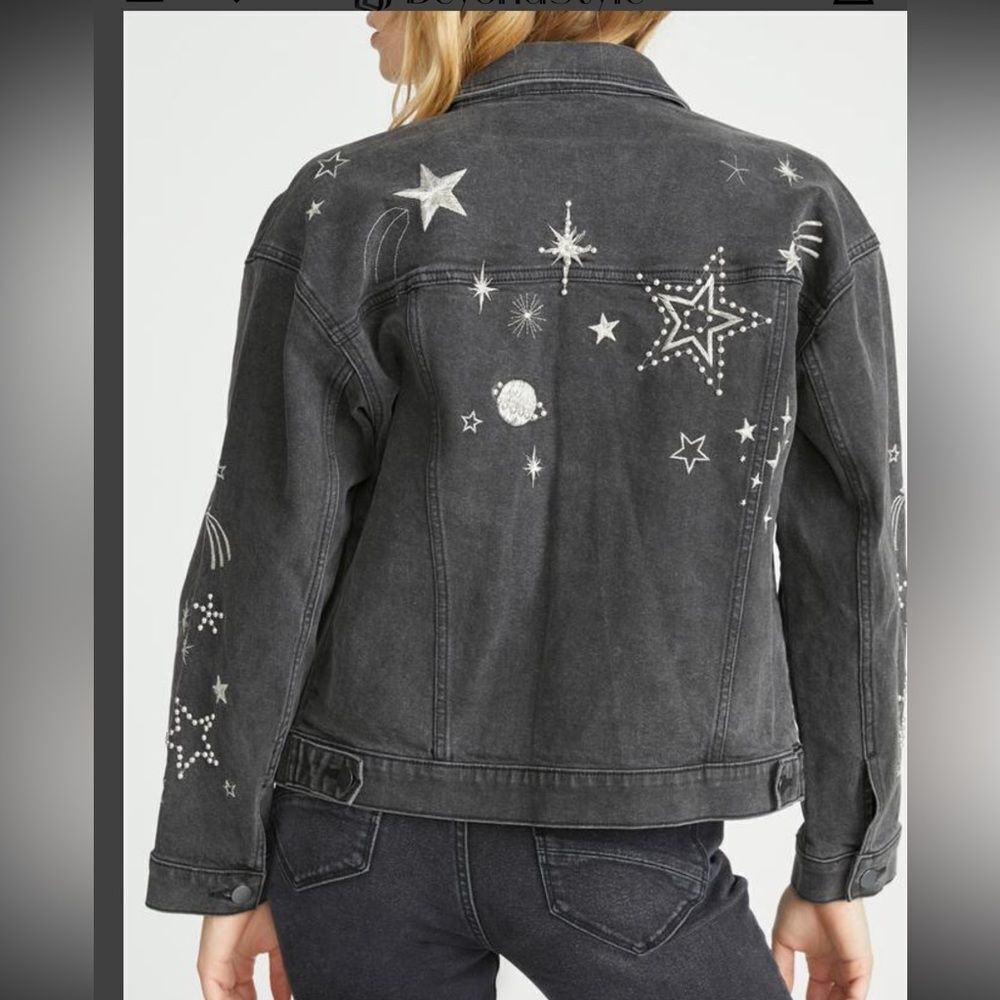Driftwood Shooting Star Embroidered Beaded Denim Jacket In Black